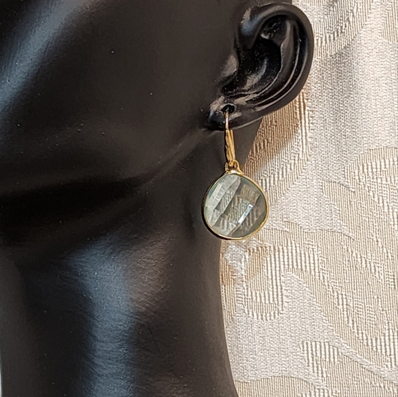 VINTAGE BLUE TOPAZ ROUND BEZEL DROP EARRINGS GOLD PLATED 1980s - Picture 5 of 11